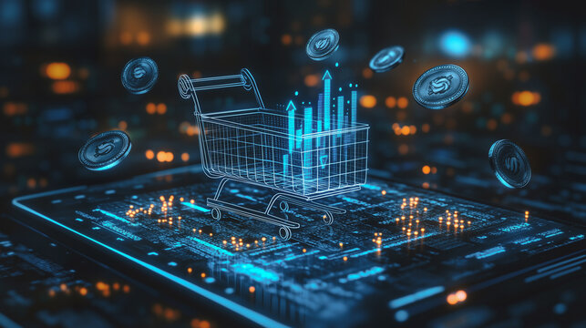 Digital Commerce Innovation Concept: A holographic shopping cart emerges from a digital circuit board, symbolizing the evolution and integration of e-commerce technologies into the digital marketplace