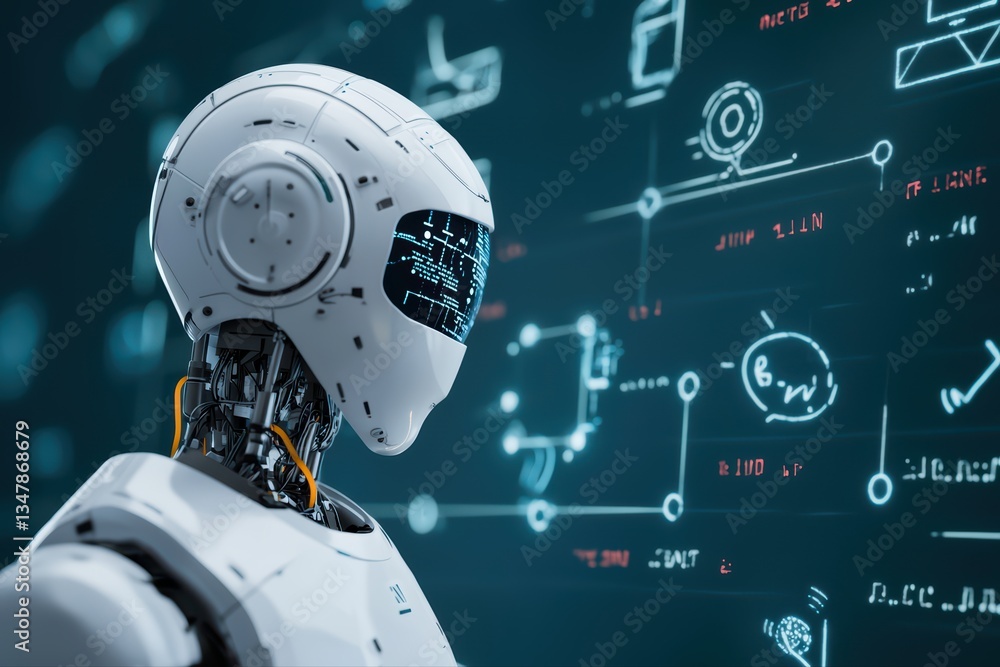 Poster futuristic ai teacher concept with robotic educator in a high-tech learning environment