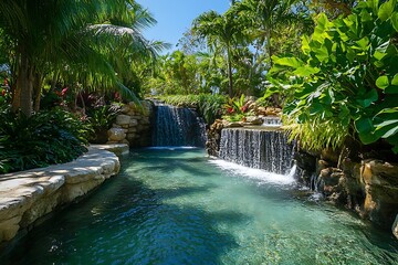 Naklejka premium Unwind in a tropical retreat where vibrant plants and waters blend in peace 