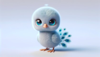 Obraz premium Adorable 3D baby Indian peafowl with soft blue feathers and big shiny eyes, isolated on white.