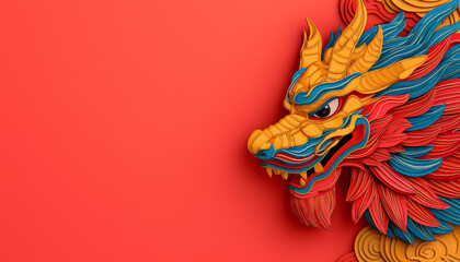 Colorful dragon head design vibrant red background, showcasing intricate details and textures