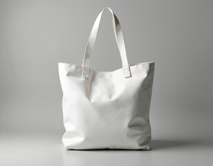 Isolated blank white tote bag on grey background. Empty shopping bag for branding, mockup. Cotton shopper. Ideal for showcasing designs, retail, eco-friendly brand marketing.
