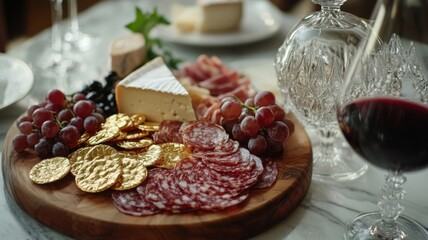 Gourmet Cheese And Salami Platter With Grapes