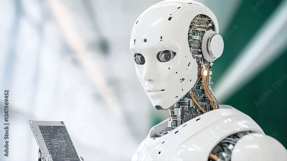 Poster futuristic humanoid robot engineer showcasing advanced artificial intelligence technology
