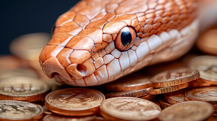 Obraz premium realistic snake resting on pile of shiny coins, symbolizing wealth