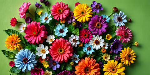 A vibrant bunch of colorful gerbera daisies in full bloom are arranged against a solid green background, creating a cheerful and fresh floral display. © joeycheung