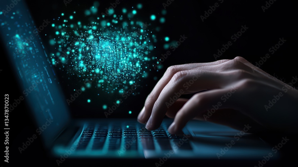 Poster digital marketing concept of a marketer creating engaging content on a laptop in dark environment
