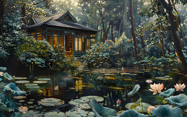 Obraz premium Serene Sanctuary by the Lotus Pond: A traditional Asian-style house, nestled amidst a lush forest, gracefully overlooks a tranquil pond adorned with blooming lotus flowers.