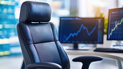 Modern Office Desk with Executive Chair and Dual Monitors Displaying Financial Growth Metrics