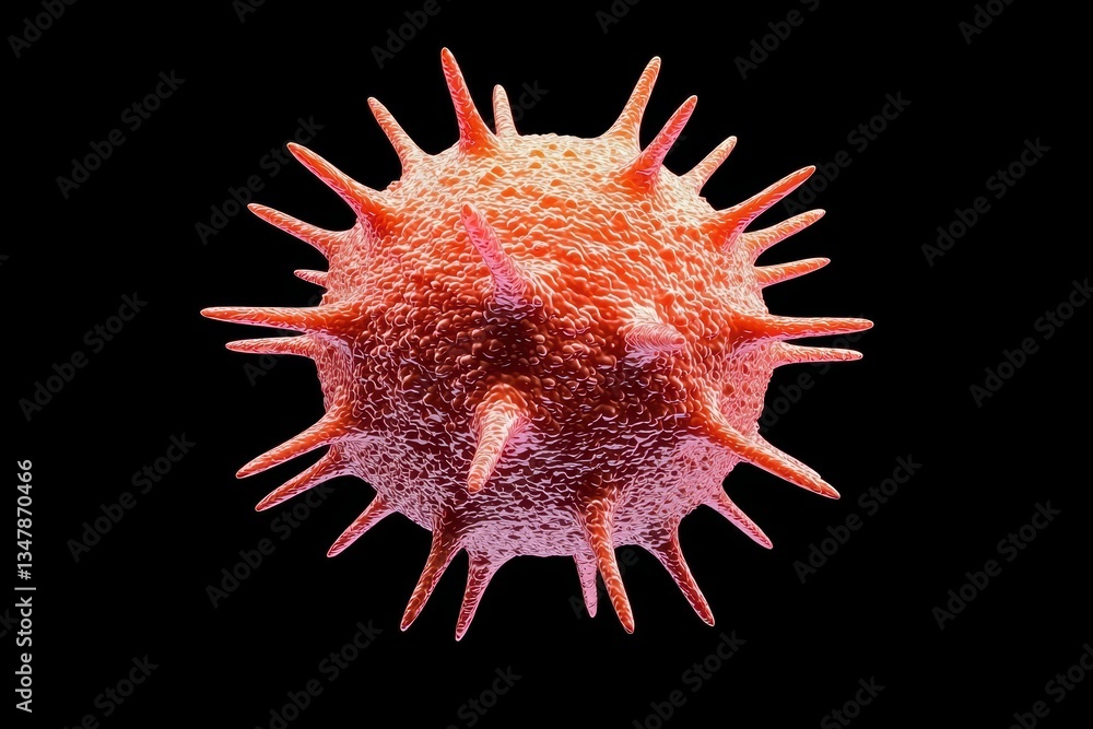 Poster close-up view of dangerous pathogen with spikes and textured surface on dark background