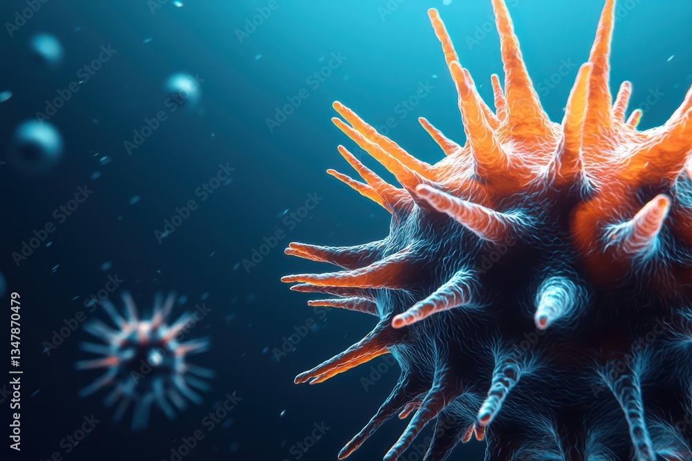 Poster close-up of a dangerous pathogen with spiky structure in a dark scientific background