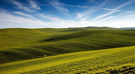Fototapeta premium Rolling hills covered in thick grass with a bright blue sky and scattered clouds, Ai Generated