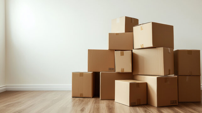 A Packed cardboard boxes stacked in spacious room, ideal for first time home buyers looking for fresh start