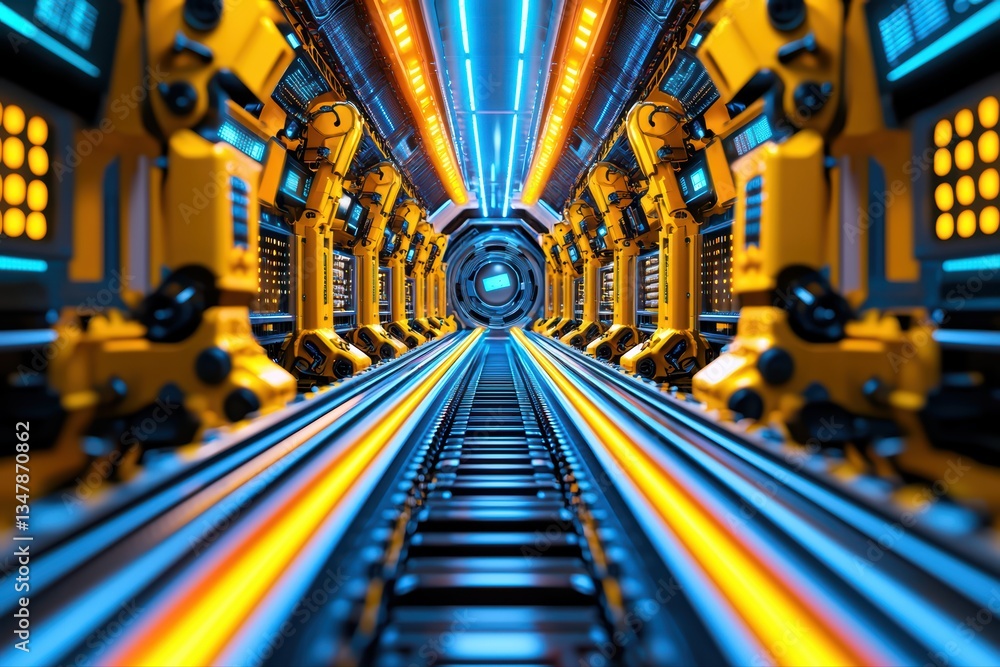 Poster high-tech automated delivery system concept with robotic arms and futuristic infrastructure