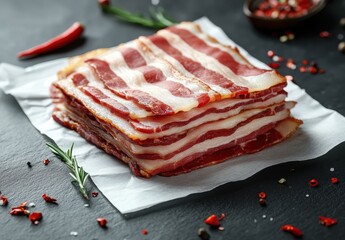 Fresh Raw Bacon Strips on White Paper with Red Chili Peppers and Green Herbs on Dark Background for Culinary and Food Photography Use