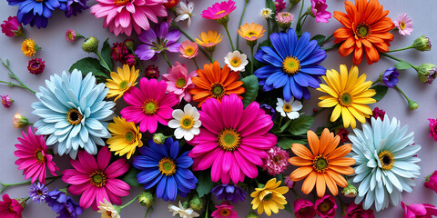 Colorful daisy-like flowers in pink, blue, orange, yellow, purple, white, with green leaves on a light background.