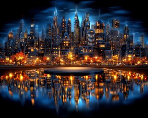 Obraz premium Futuristic City Skyline with Illuminated Skyscrapers and Reflective Water
