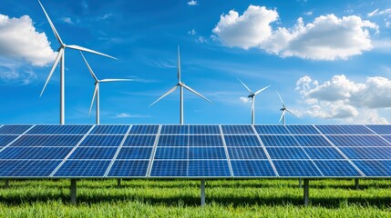Renewable Energy Landscape Featuring Vast Wind Turbines and Solar Panels Under Clear Sky