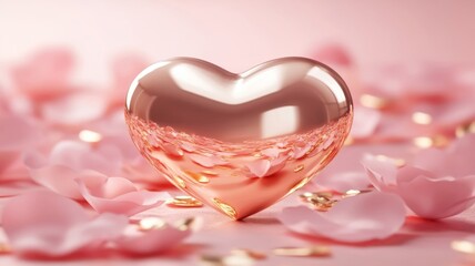 Fototapeta premium Rose petals surround a shiny rose gold heart