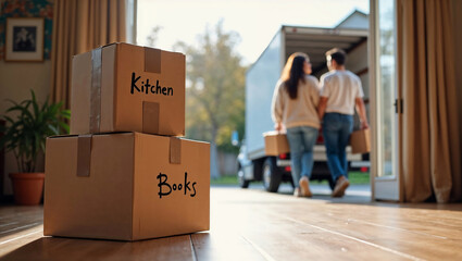 Cardboard boxes labeled "kitchen" and "books" on hardwood floor in the foreground, with out of focus young couple carrying boxes and loading moving truck in the blurred background, moving to new home