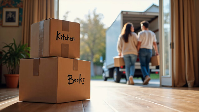 Cardboard boxes labeled "kitchen" and "books" on hardwood floor in the foreground, with out of focus young couple carrying boxes and loading moving truck in the blurred background, moving to new home