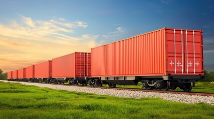 Fototapeta premium High Speed Train for Express Shipping with Bright Red Cargo Containers on Scenic Landscape