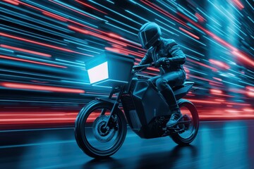 Obraz premium Futuristic Food Delivery Concept with Motorbike in High-Speed Motion and Neon Lights