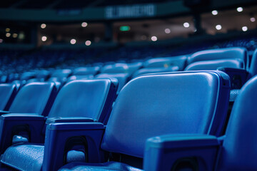 Obraz premium An Empty stadium seats create serene atmosphere, highlighting vibrant blue color and modern design of seating