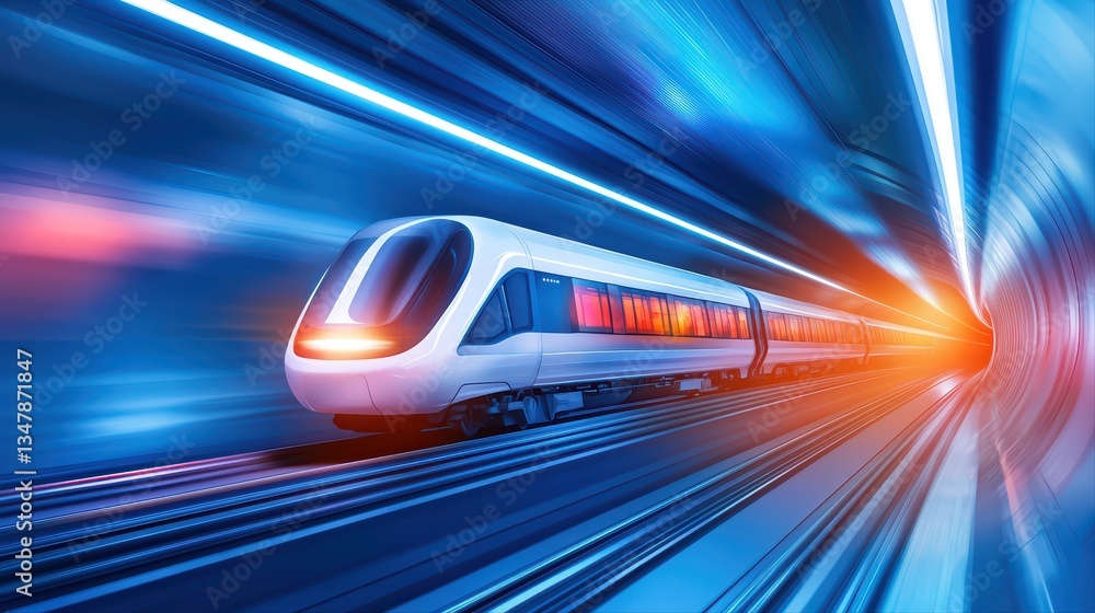 Poster futuristic high-speed hyperloop travel concept in a colorful tunnel environment