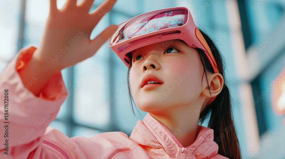Poster futuristic learning concept in a high-tech classroom with child using vr technology