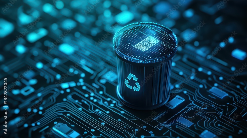 Poster futuristic recycling hub concept with high-tech design and circuit background