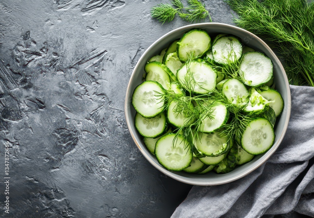 Poster fresh sliced cucumbers with fragrant dill in modern bowl on gray slate background for healthy eating