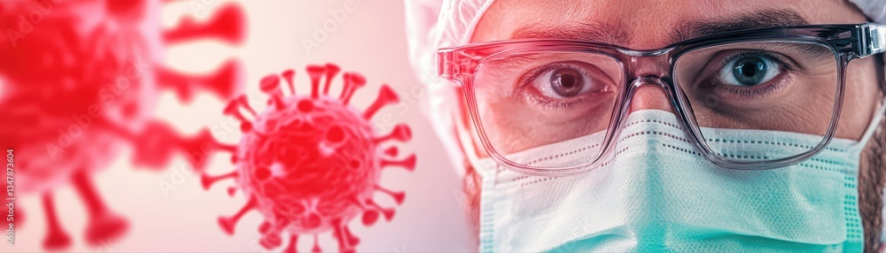 Poster scientist examining medical research concepts with virus background in laboratory setting