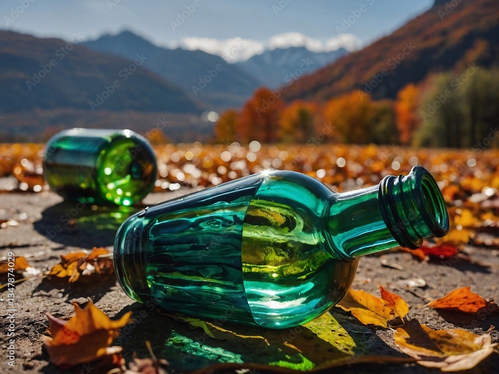 Poster floating bottles form vibrant patterns in autumn, surrounded by mountains