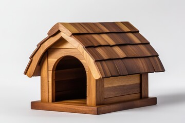A Miniature Wooden Dog House With A Shingled Roof