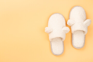 Soft teddy slippers on color background, top view