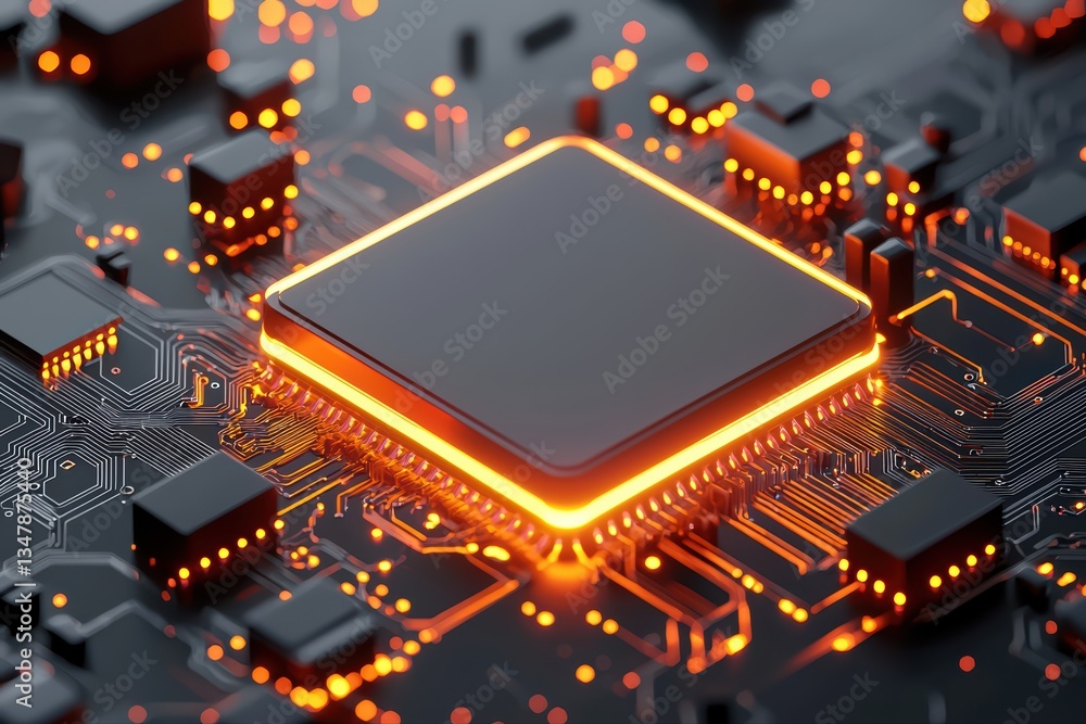 Poster glowing quantum computing concept with circuit board design and central processing unit