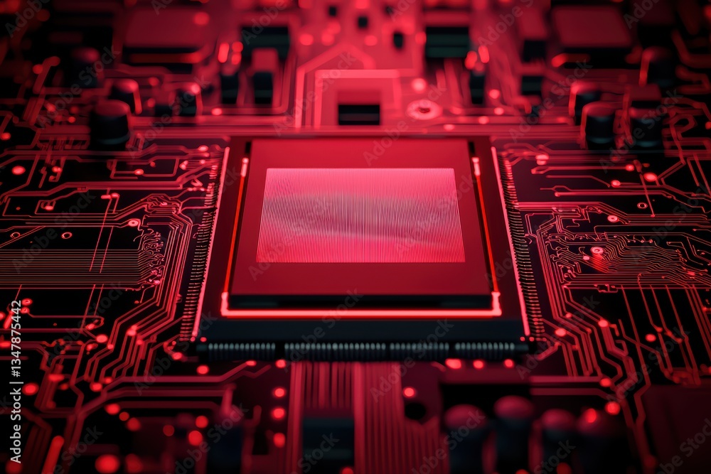 Poster glowing quantum computing concept in a high-tech lab environment with red circuitry