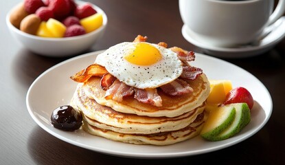 Delicious Stack of Pancakes with Fried Egg and Bacon, Served with Fresh Fruit