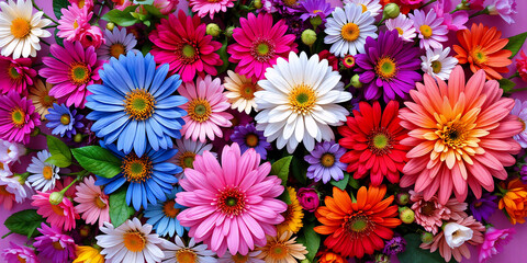 Fototapeta premium A vibrant assortment of colorful Gerbera daisies fills the frame, showcasing a lively and cheerful floral arrangement. The blossoms are densely packed, creating a rich tapestry of hues.