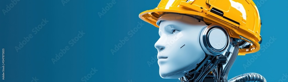 Poster futuristic robot worker in construction environment with yellow hard hat and high-tech features