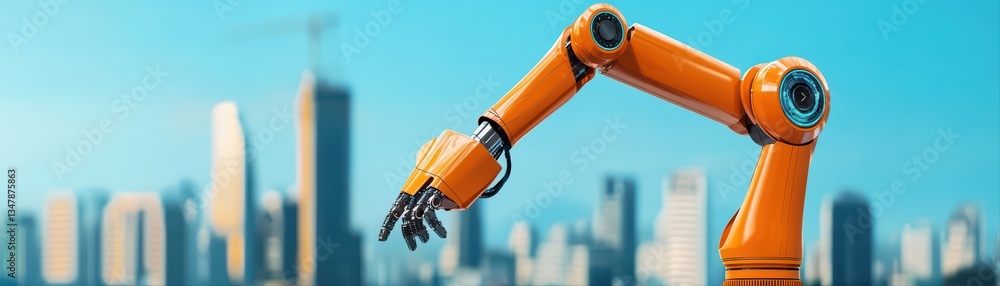 Poster advanced robot construction worker engaging in modern building project under urban skyline