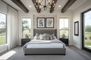 A luxurious modern bedroom featuring a large bed and bright windows