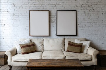 Empty frames on couch in rustic living room