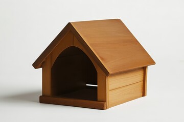 A small wooden dog house displayed against a white background