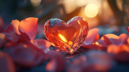 Crystal Heart Rests Among Rose Petals At Sunset