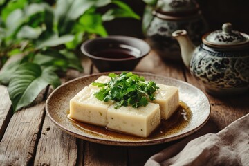 Delectable Steamed Tofu Cubes with Cilantro Garnish