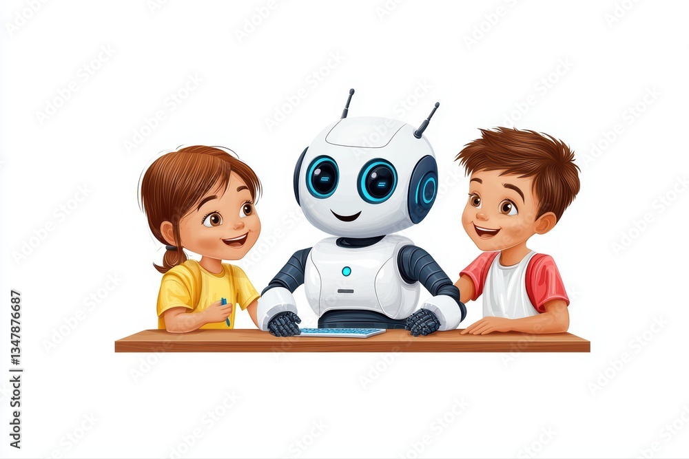Poster engaging stem education with robot and enthusiastic students in a classroom setting