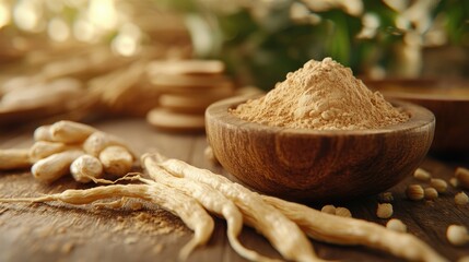 Ginseng : natural remedy, herbal healing, traditional medicine, root extract, vitality boost, ancient therapy, wellness support, energy restoration, immune strength, botanical supplement.