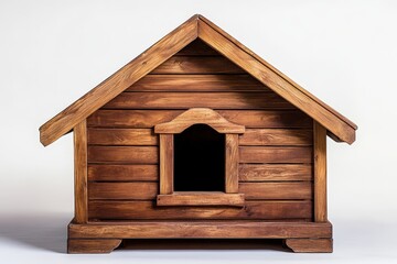 A detailed wooden dog house featuring an arched entrance is displayed